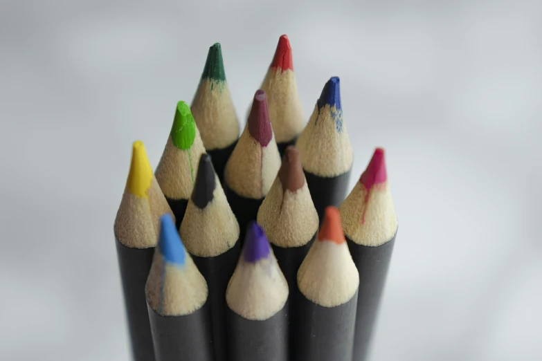 six pencils are lined up in an office cup