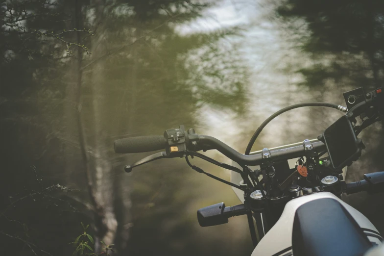 a motorcycle parked next to a tree covered forest