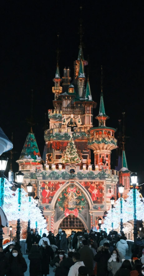 a building decorated for christmas with white lights on it