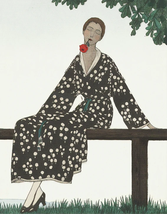 a woman in a black and white print sitting on a wooden bench with green grass