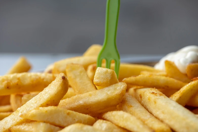 a fork sticking out from top of fried french fries