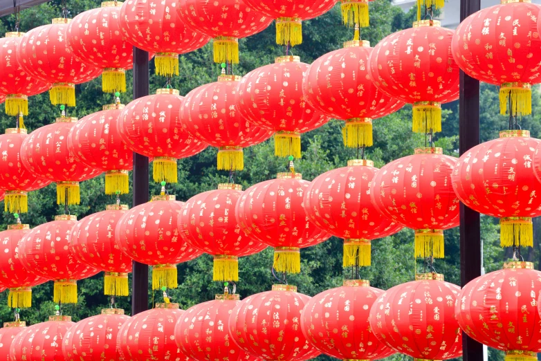 red paper lanterns are hanging in front of trees