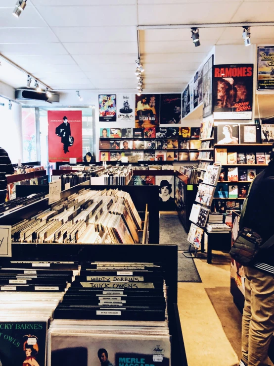 there are people shopping in the store with records