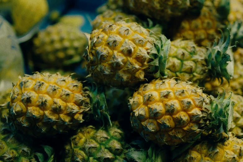 a pile of green, ripe pineapples with some yellow around them