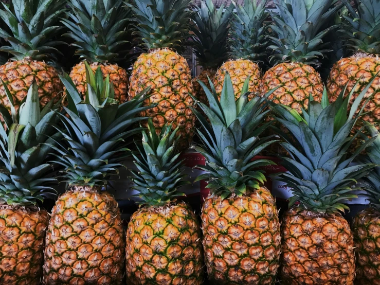 rows and stacks of pineapples at a market