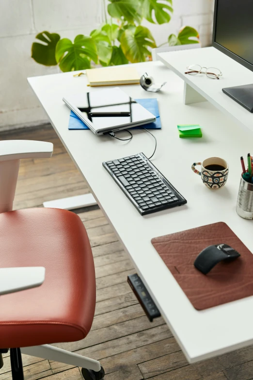 the office desk is clean and empty and ready for us to use