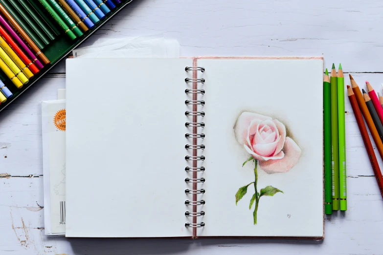 an open notebook with pastel markers and crayons