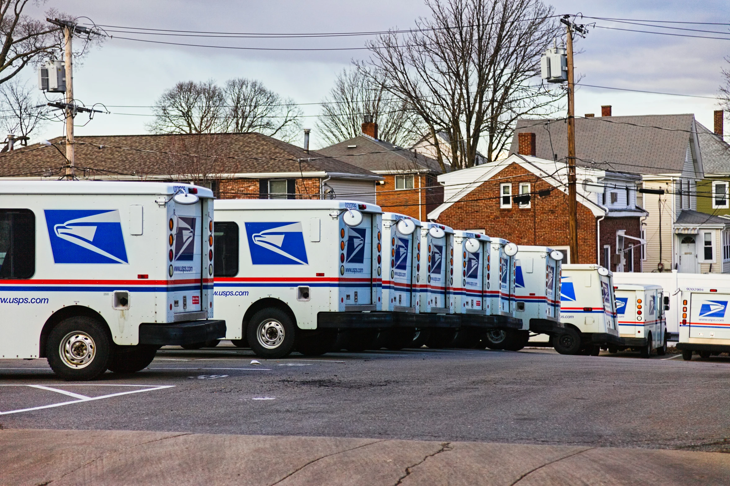 a blue and white mail truck and some trees