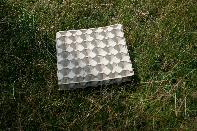 a large container is laying on a grassy area