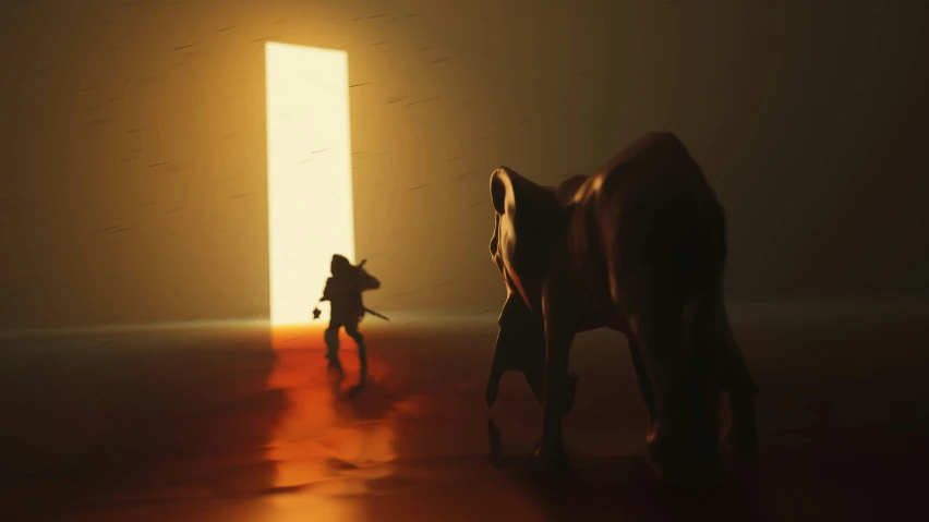 a person and a horse in an open room