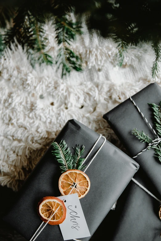 a pair of wrapped presents with an orange slice and pine cone