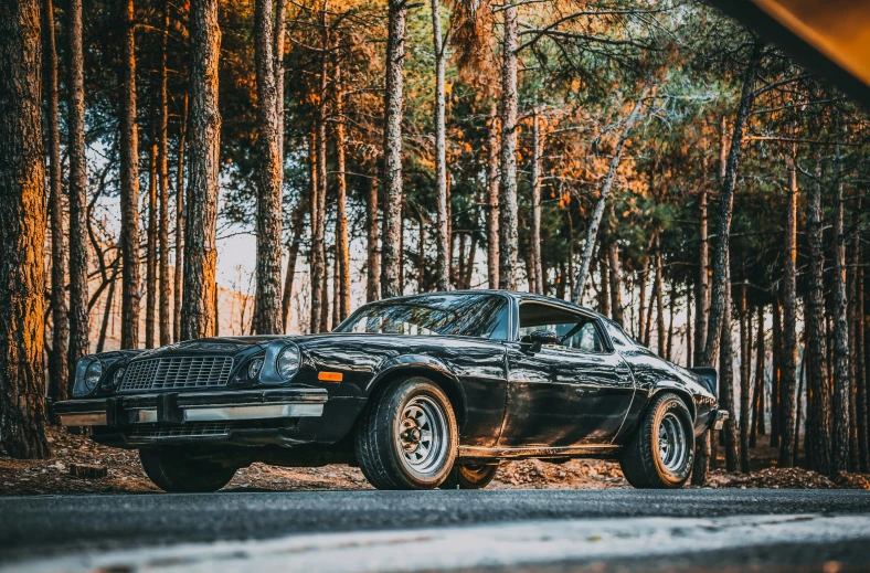 a vintage black car parked in front of trees