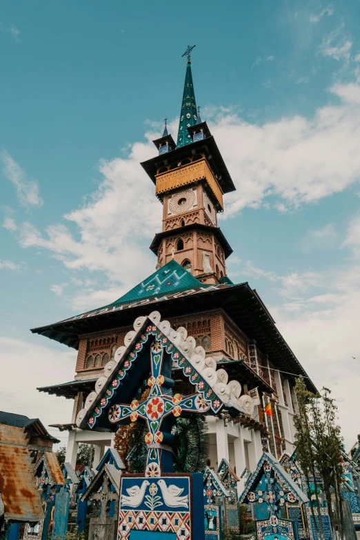 a decorative wooden church building against a blue sky