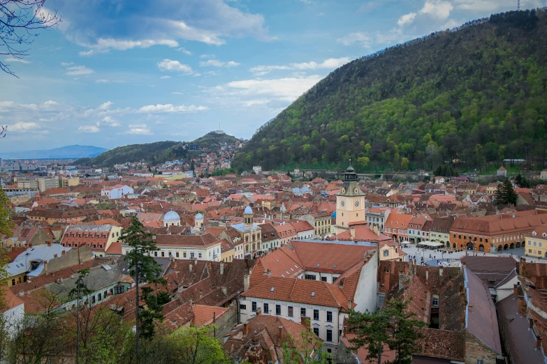 a city with red tile roofs and trees