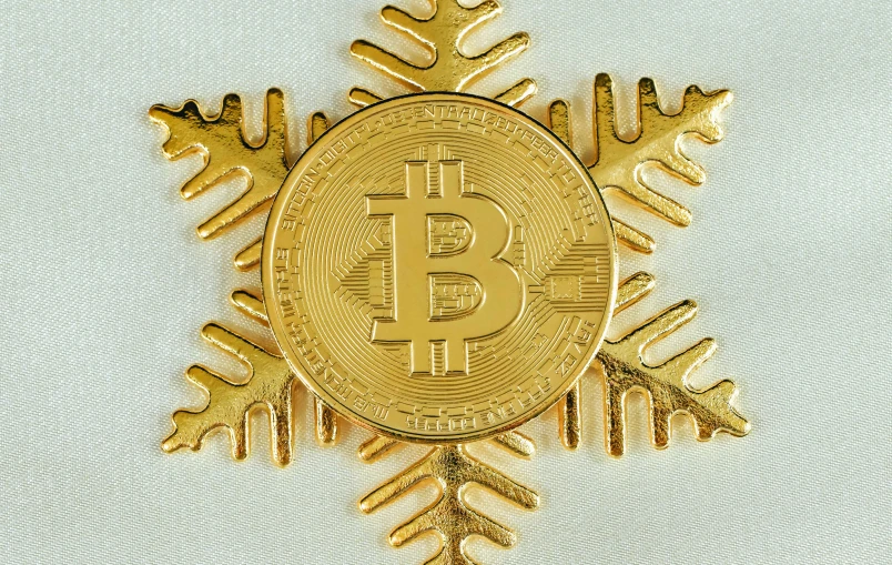 a golden bitcoin on the snowflake and some ice flakes