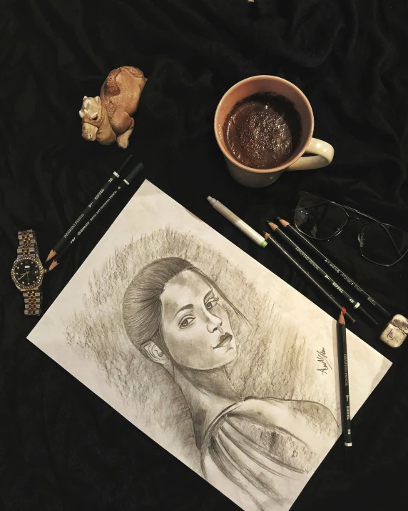 a drawing with a cup of coffee, glasses, pencils and teddy bear