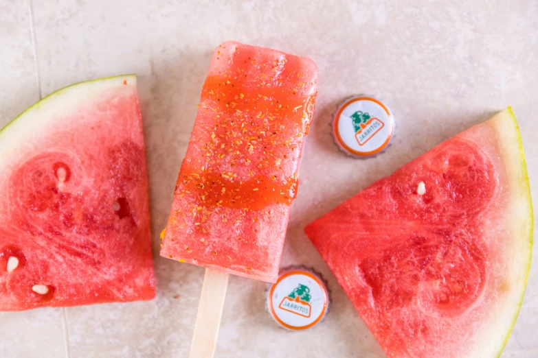 a close up of an ice cream bar with watermelon