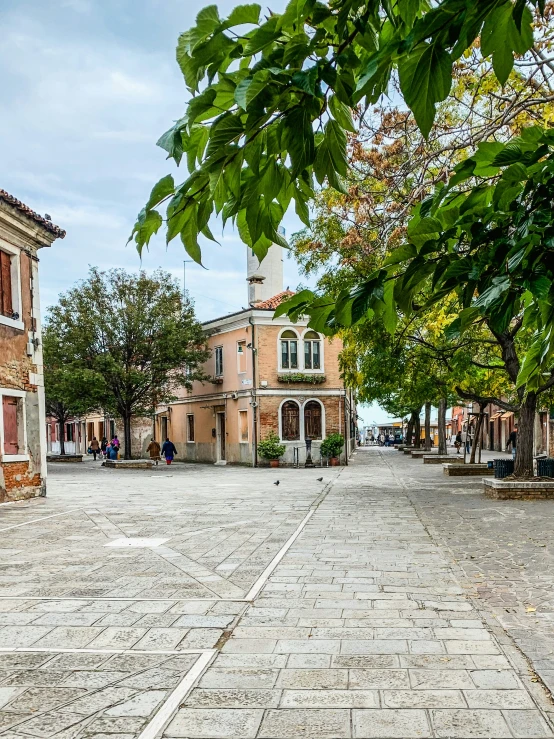 a small town square with lots of trees