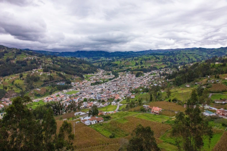 a town in a green valley is shown in the distance