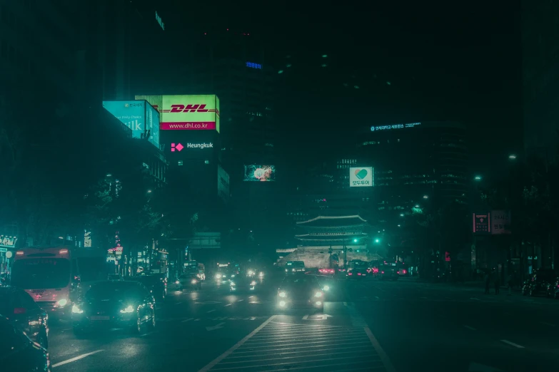 the lights of city cars and pedestrians are lit up