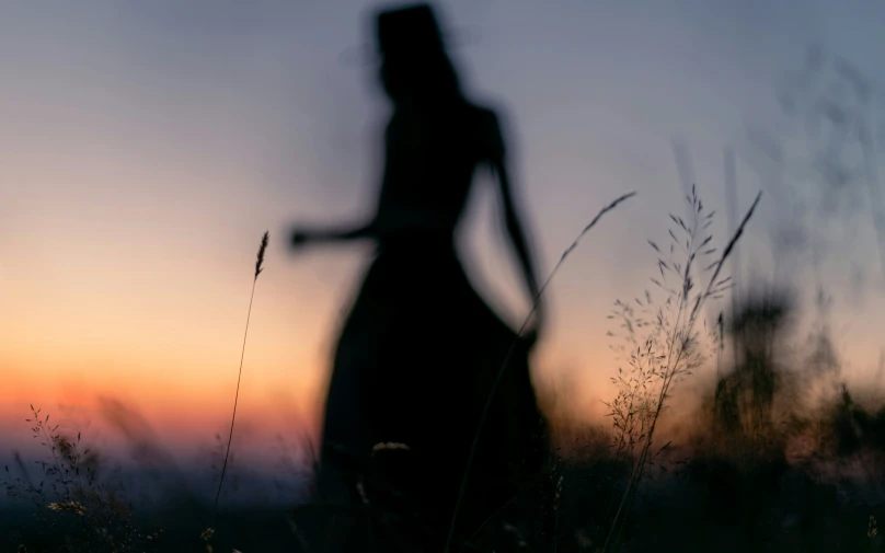 a silhouette of a woman is seen standing in the field