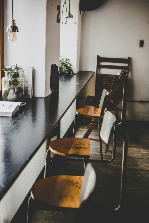 a long counter with chairs and two plants on it