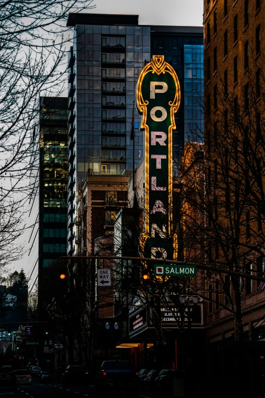 the port sign is glowing with bright lights