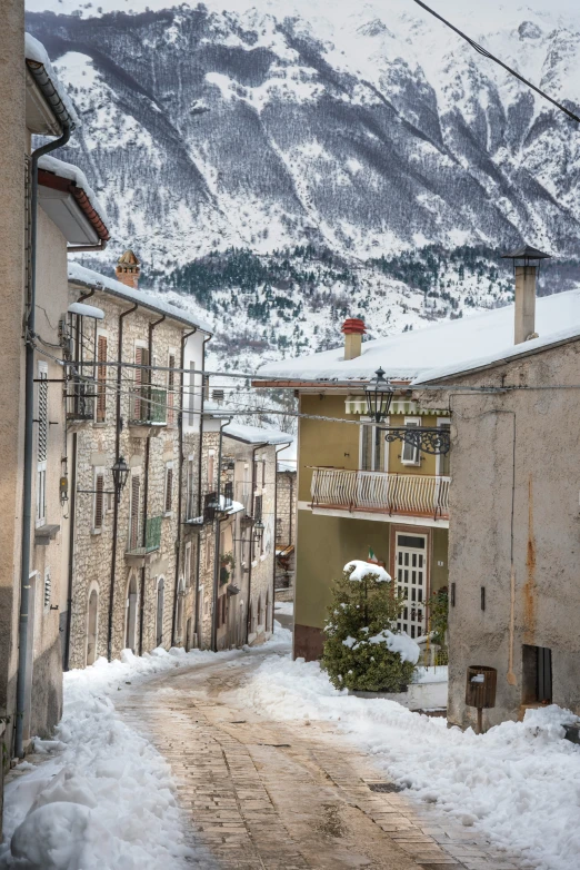 small town in the foreground with snowy mountains in the background