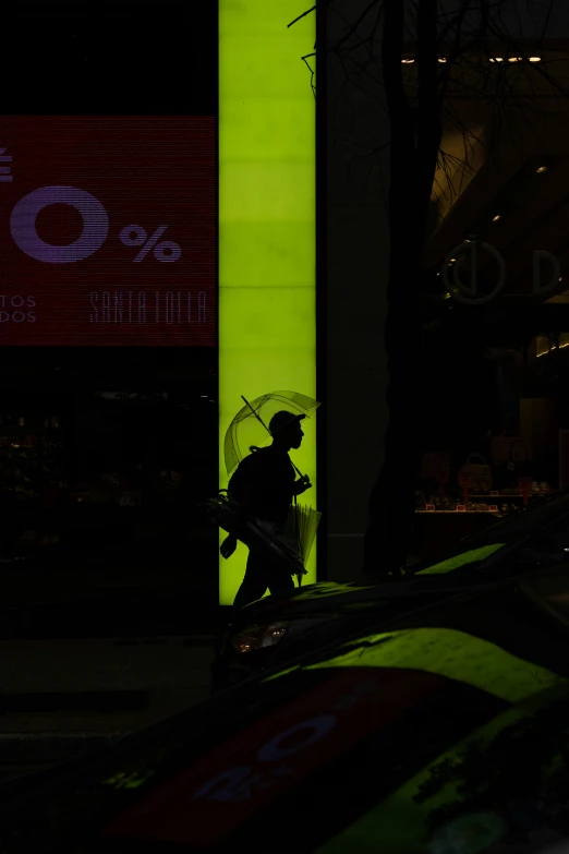 a man walks on a street with an umbrella