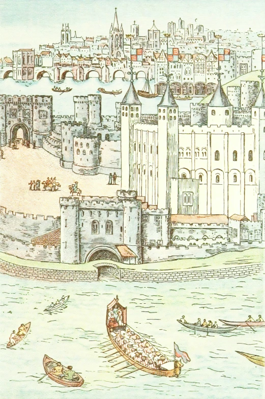 a water drawing of a medieval castle is displayed