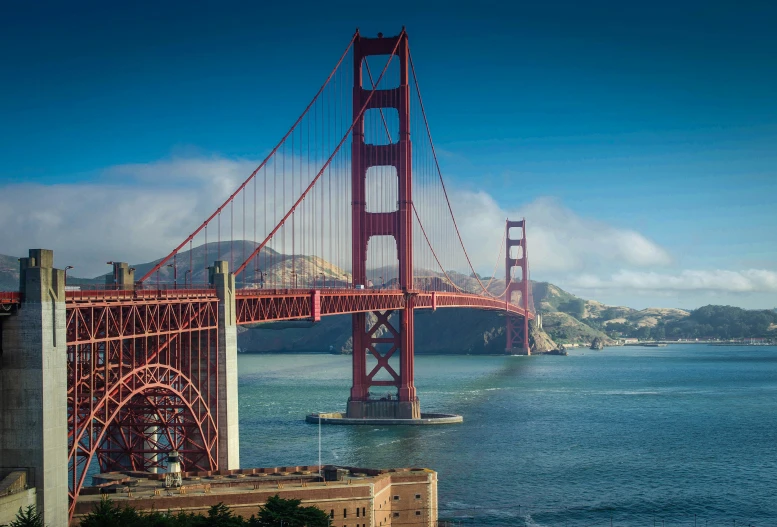 a suspension bridge and the golden gate bridge on a clear day