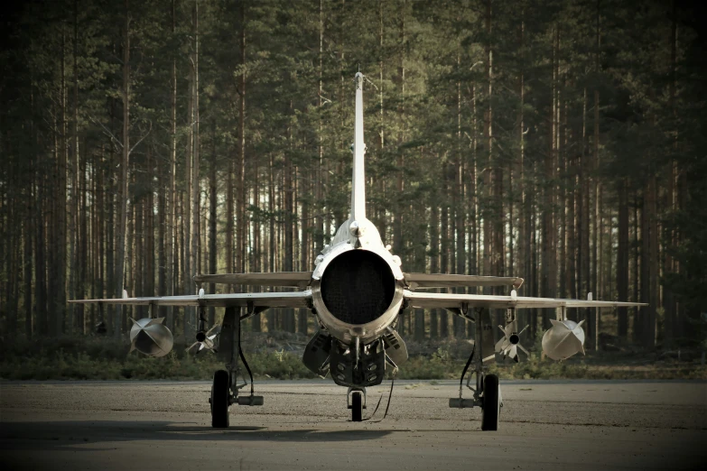 an airplane sits on the ground in front of a tree - lined area