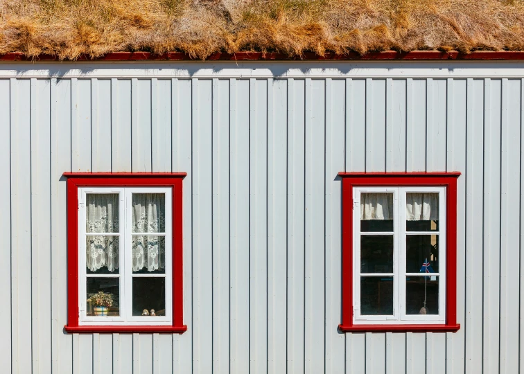 two windows with a red border are visible at the top of a building