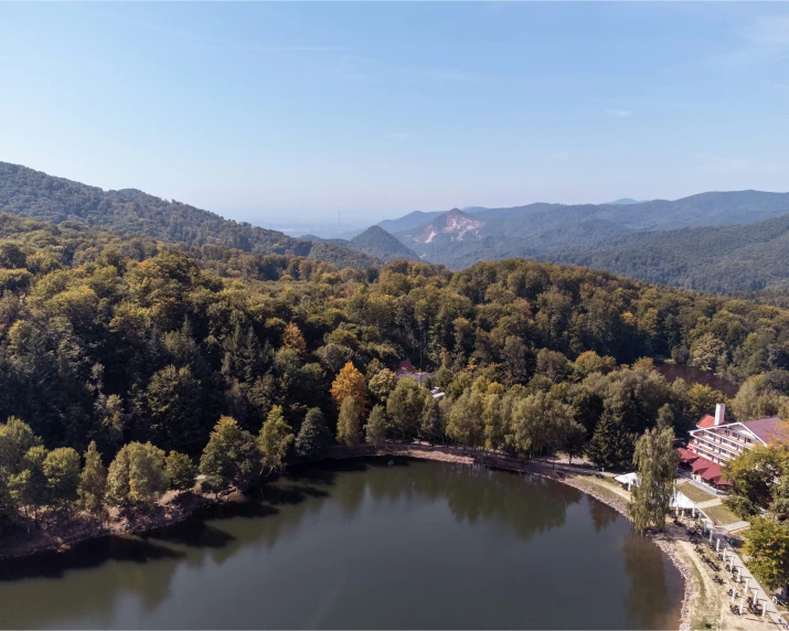 an aerial view of a lake surrounded by forest