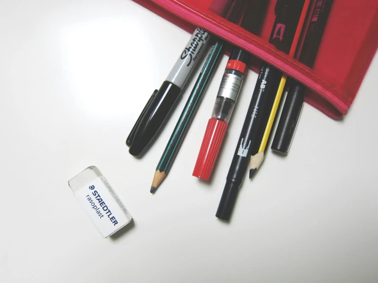 a pencil holder with pens, a ruler and a pocket for pens