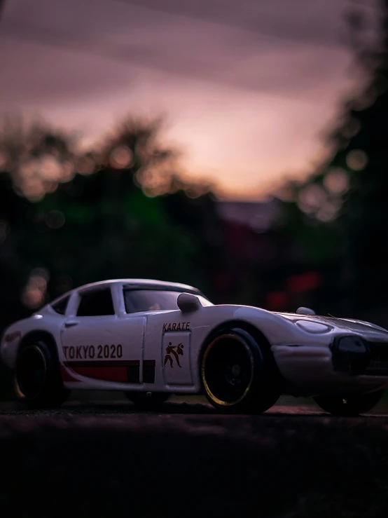 white toy car in front of a tree during a dusk time