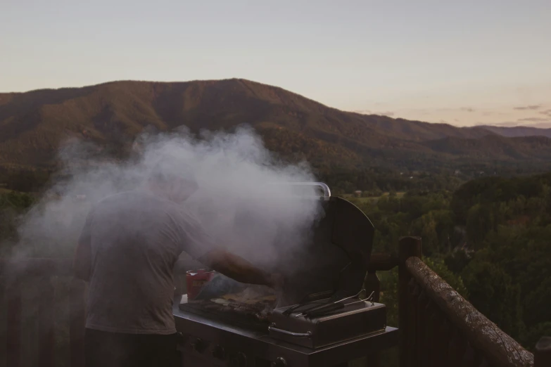 a person standing next to a forest cooking