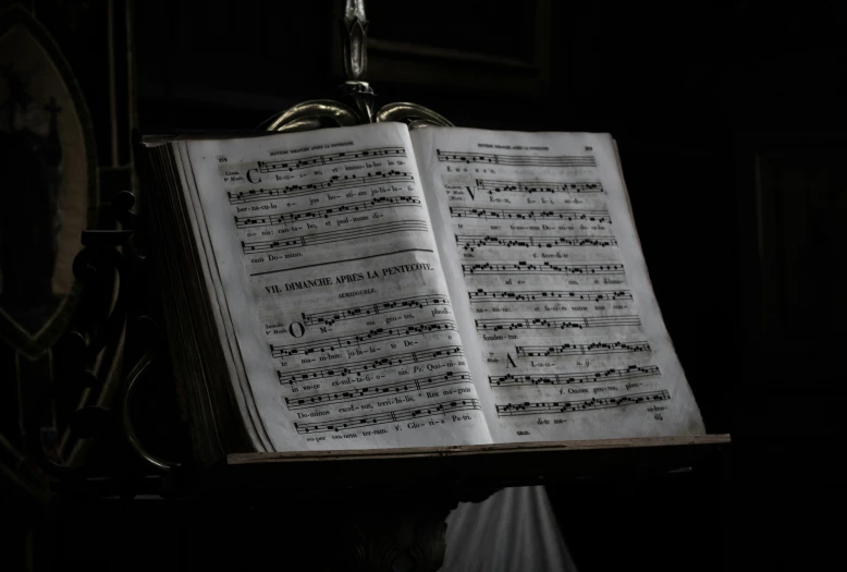 an old book with sheet music attached