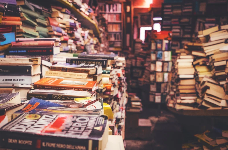 several books are on a shelf in a liry