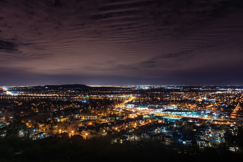 nighttime lights and the city below from above