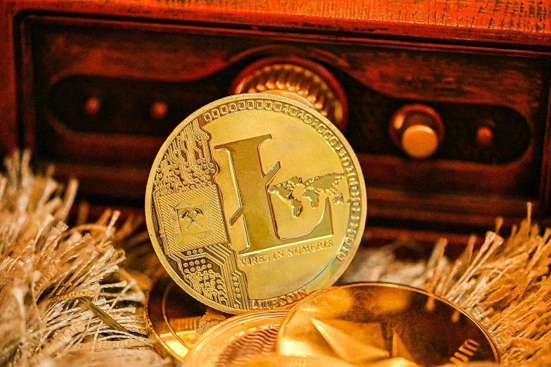 a close up view of a coin and some white feathers