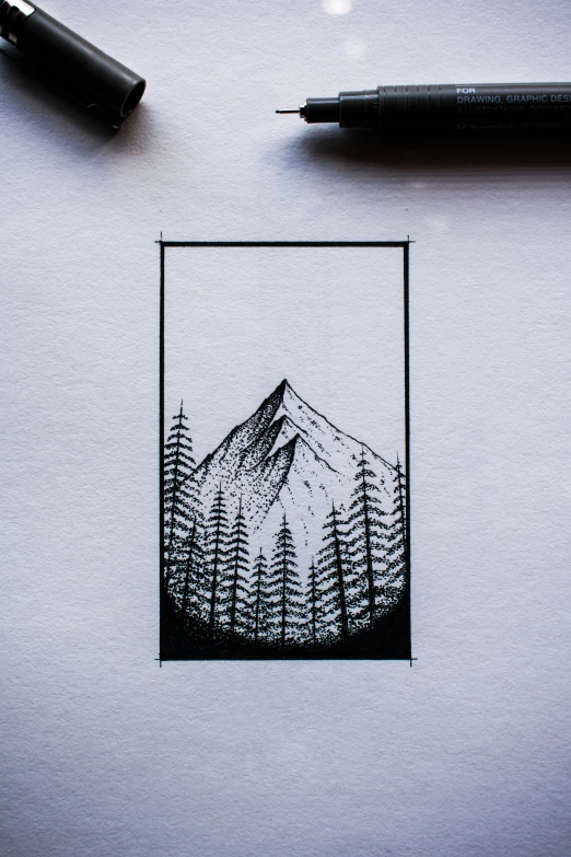 an ink drawing of a mountain with trees