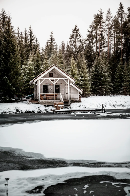 a cabin is located at the edge of a snowy body of water