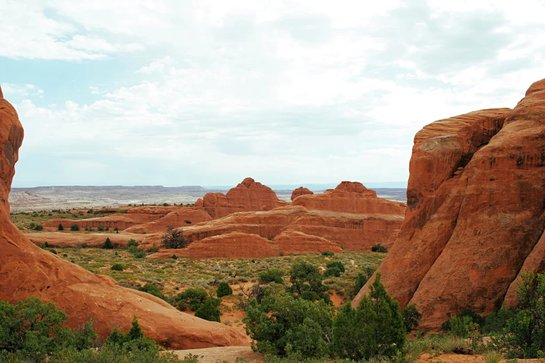 a view from above of many red rocks, plants and grass