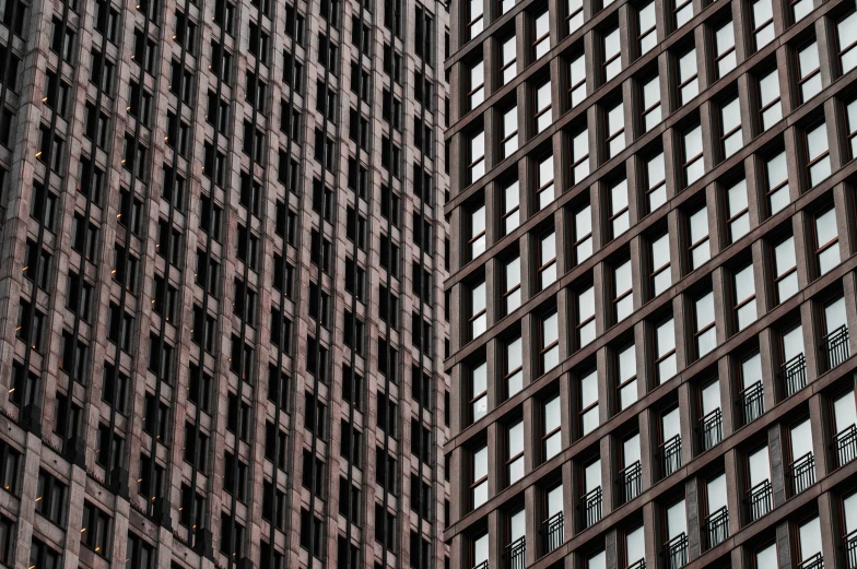 two very tall buildings with metal windows facing each other