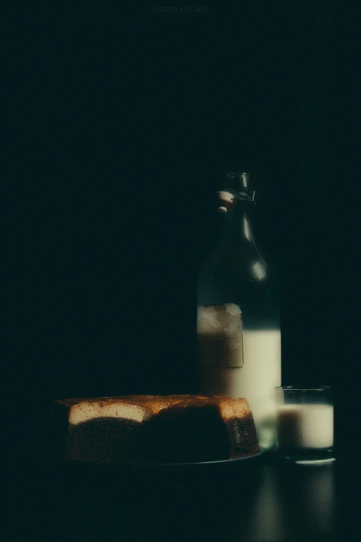 two bottle next to two pieces of bread