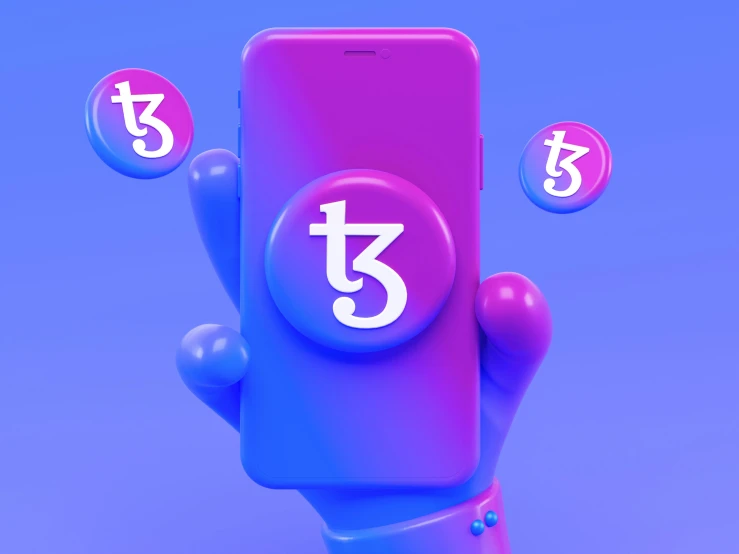 a purple and blue cell phone with 3 purple numbers