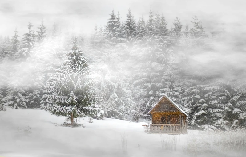 a painting depicting a cabin in the snow