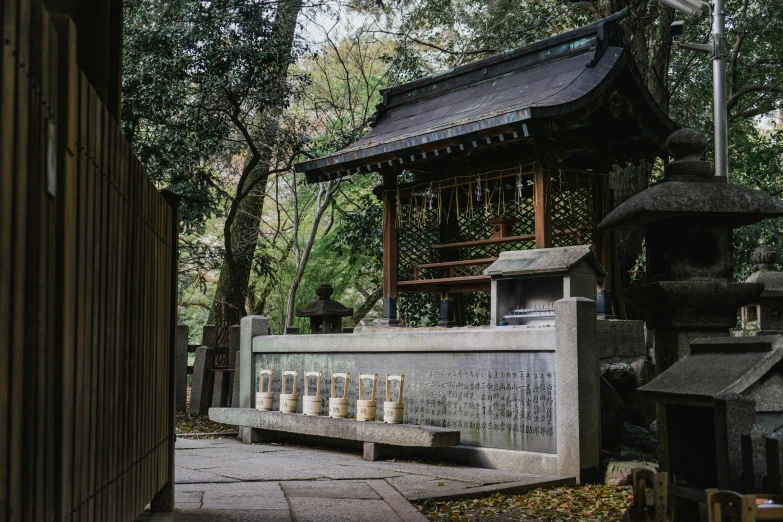 a stone bench at the foot of some tall trees