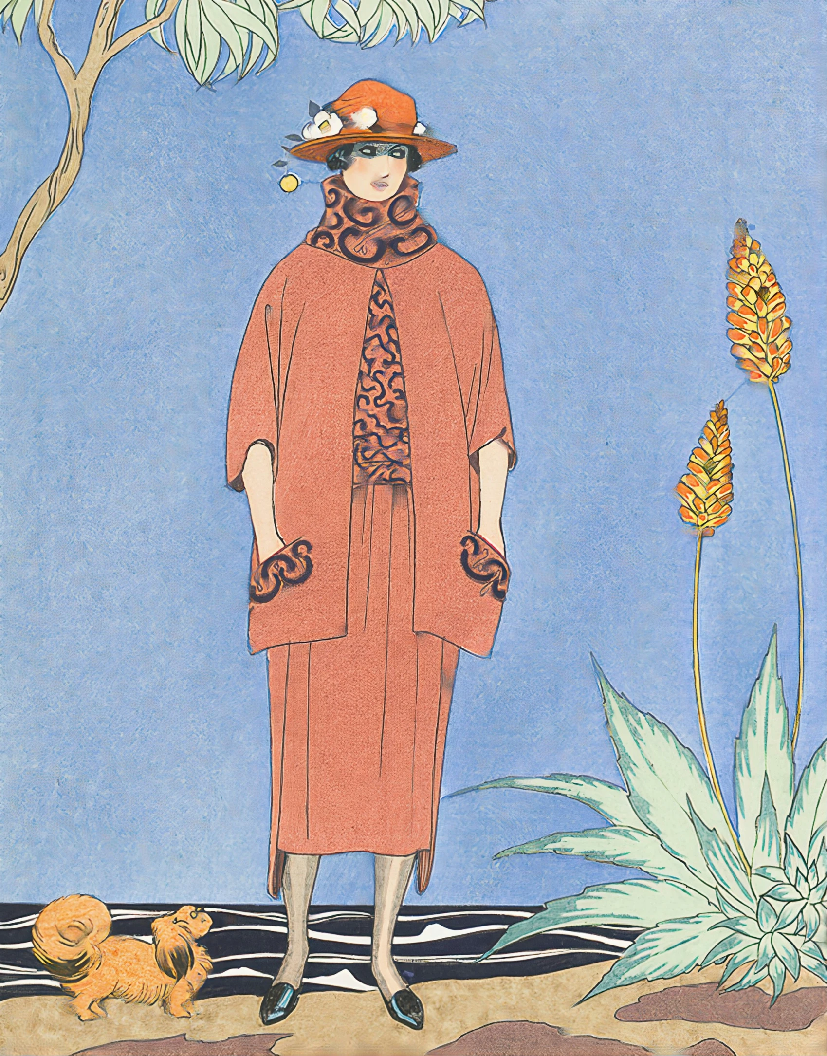 a lady in a pink coat and matching hat stands near a plant